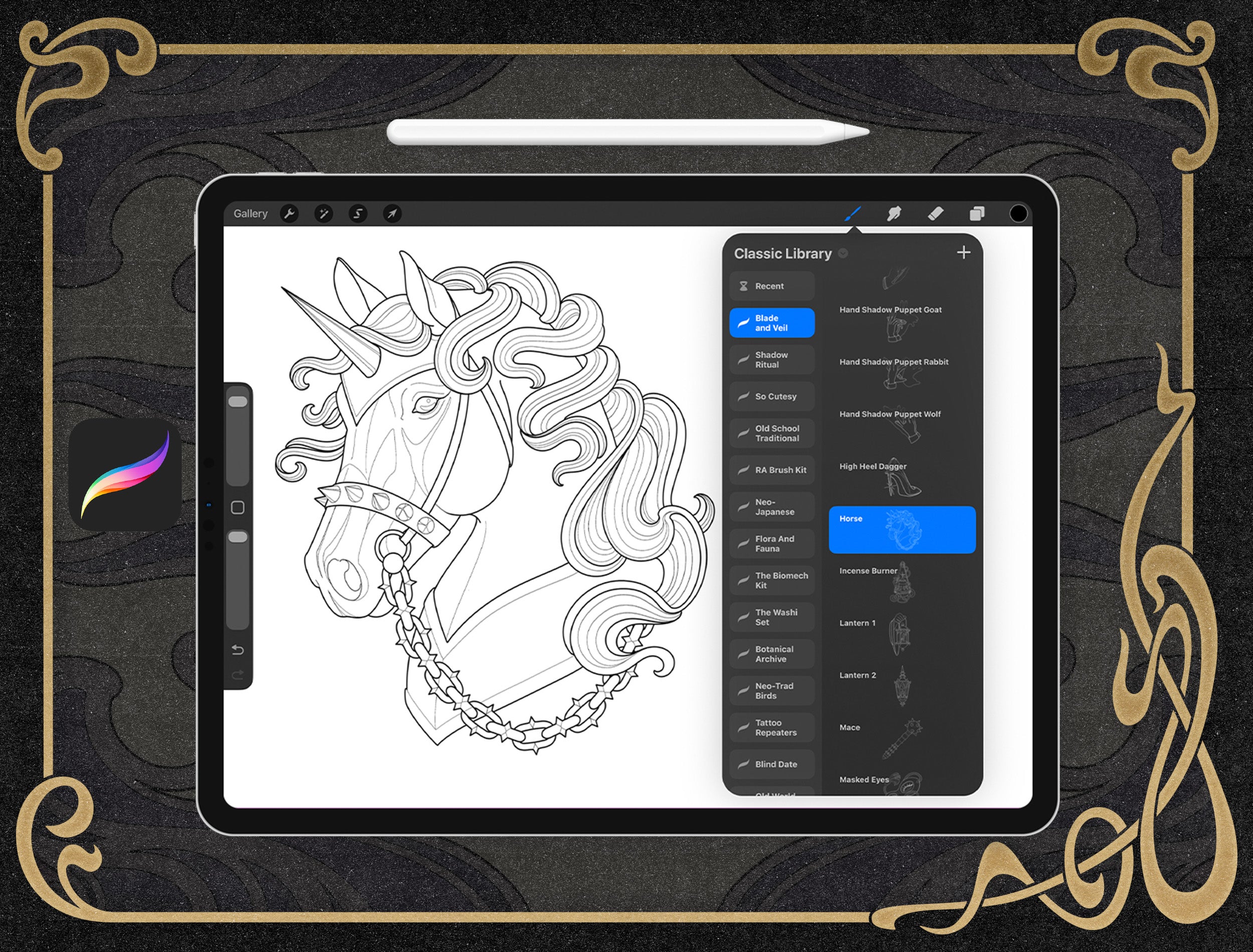 Blade and Veil 100 Tattoo Flash Stamps for Procreate by Lilith Jacobs and Tattoo Smart an ipad with a tattoo stamp