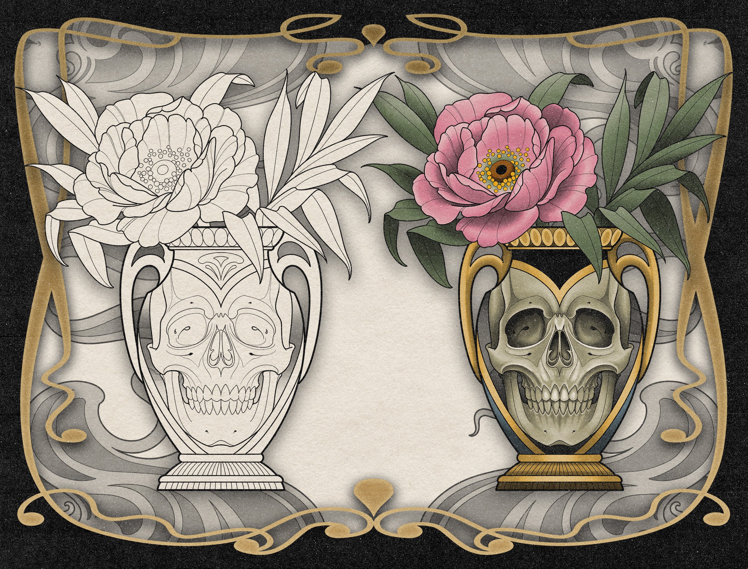 Blade and Veil 100 Tattoo Flash Stamps for Procreate by Lilith Jacobs and Tattoo Smart before and after coloring