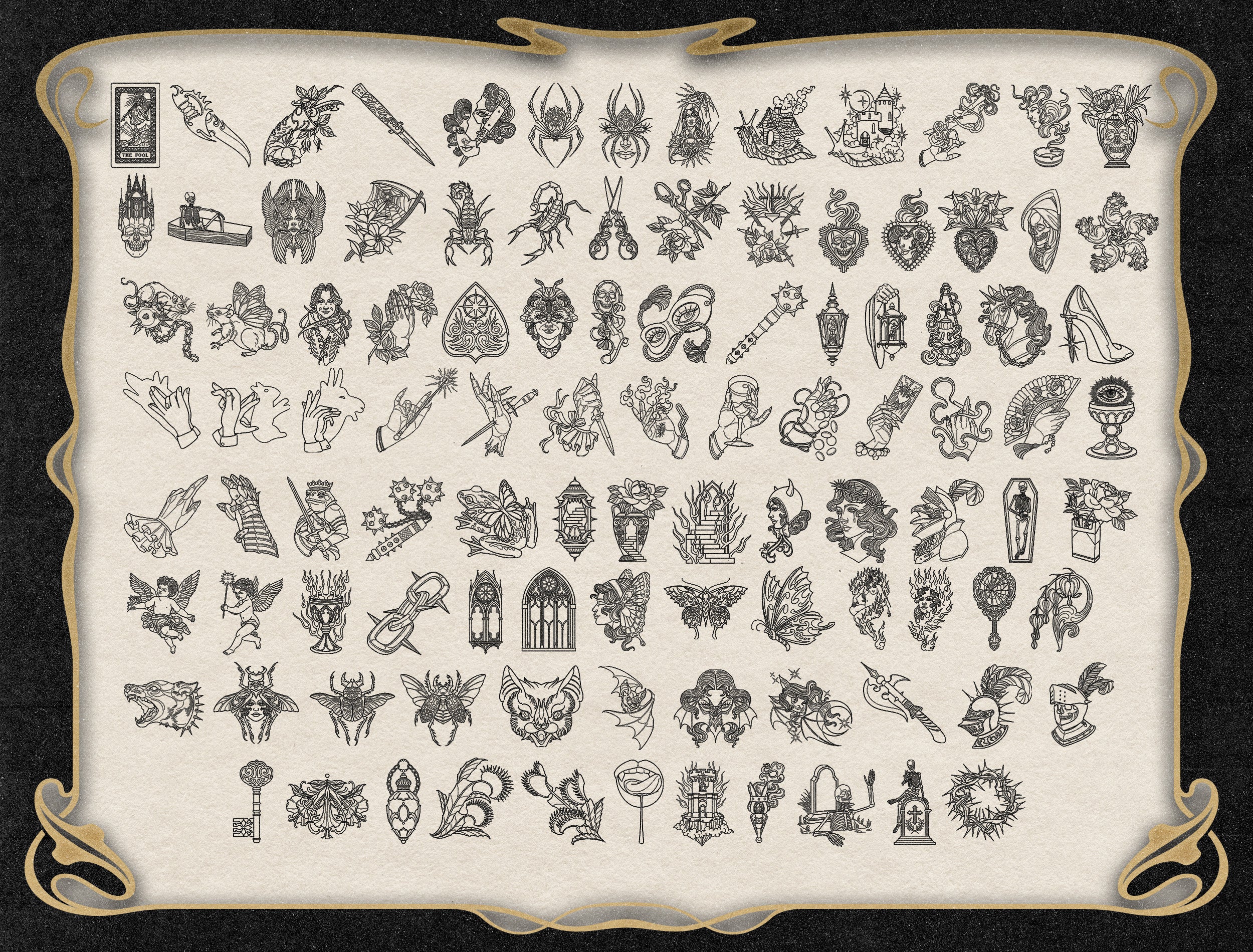 Blade and Veil 100 Tattoo Flash Stamps for Procreate by Lilith Jacobs and Tattoo Smart a collection of 100 tattoo designs